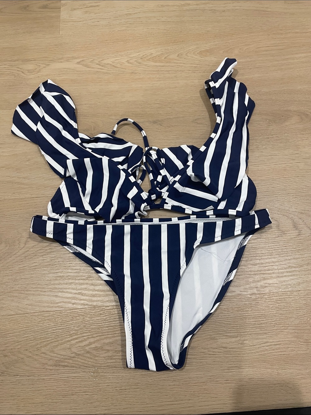 Milly Navy and White Striped Ruffle Tie-Front Bikini